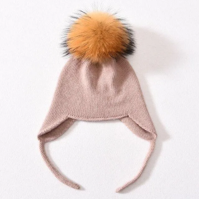 Unisex Wool Knitted Winter Hat with Real Raccoon Fur Pompom