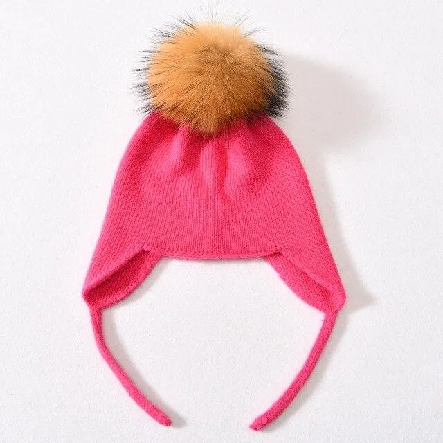 Unisex Wool Knitted Winter Hat with Real Raccoon Fur Pompom
