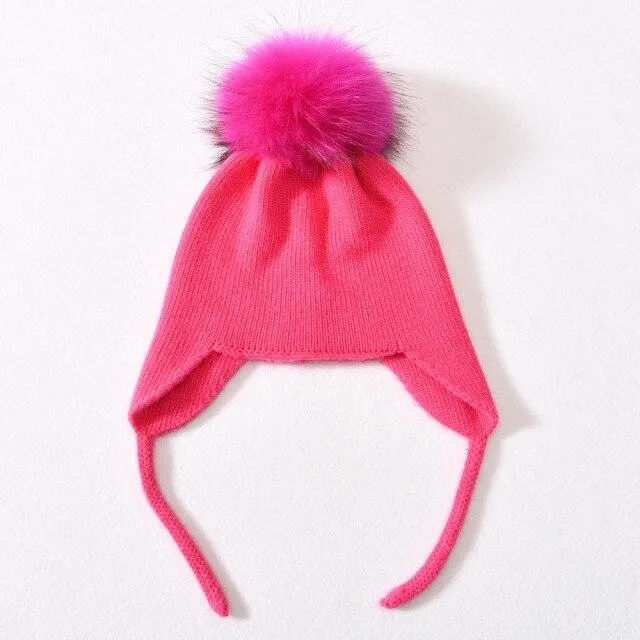 Unisex Wool Knitted Winter Hat with Real Raccoon Fur Pompom