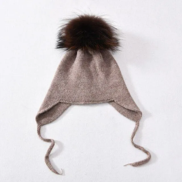 Unisex Wool Knitted Winter Hat with Real Raccoon Fur Pompom