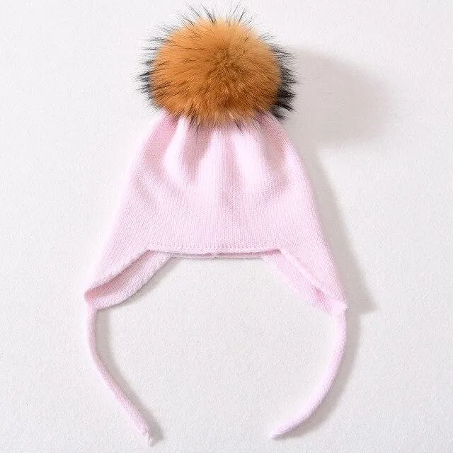 Unisex Wool Knitted Winter Hat with Real Raccoon Fur Pompom