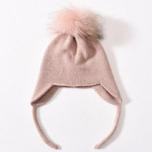 Unisex Wool Knitted Winter Hat with Real Raccoon Fur Pompom