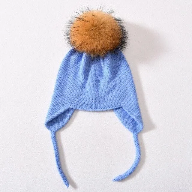Unisex Wool Knitted Winter Hat with Real Raccoon Fur Pompom
