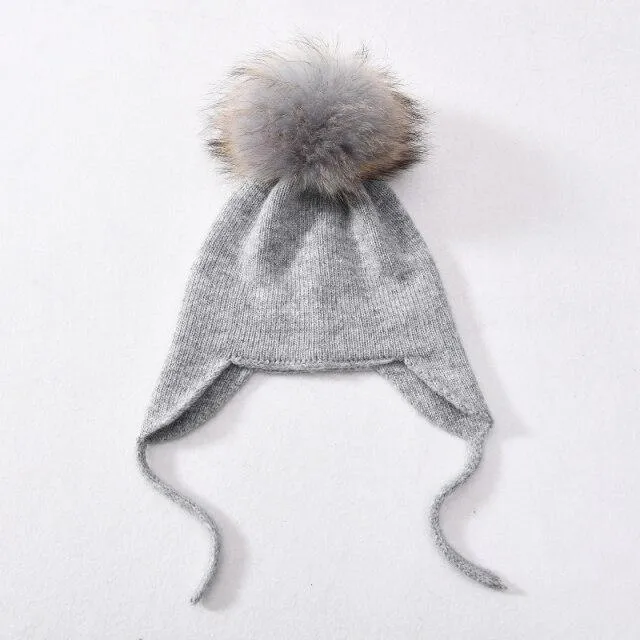 Unisex Wool Knitted Winter Hat with Real Raccoon Fur Pompom