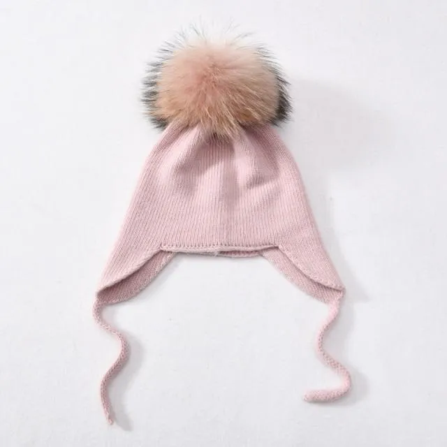 Unisex Wool Knitted Winter Hat with Real Raccoon Fur Pompom