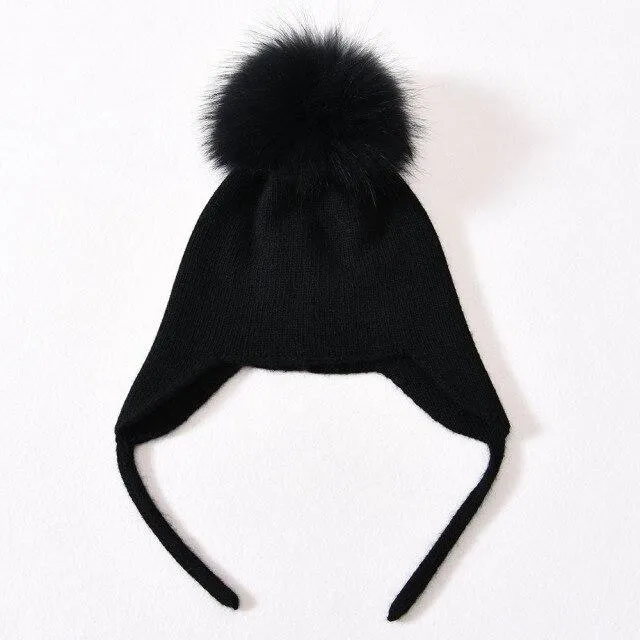 Unisex Wool Knitted Winter Hat with Real Raccoon Fur Pompom