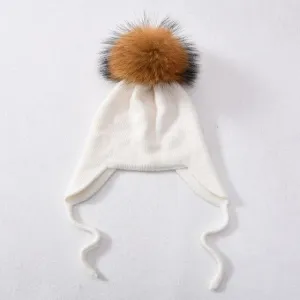 Unisex Wool Knitted Winter Hat with Real Raccoon Fur Pompom