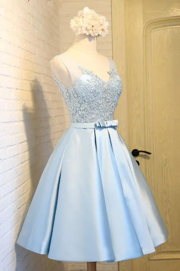 V-Neck Knee-Length Light Blue Satin Homecoming Dress With Appliques TR0179