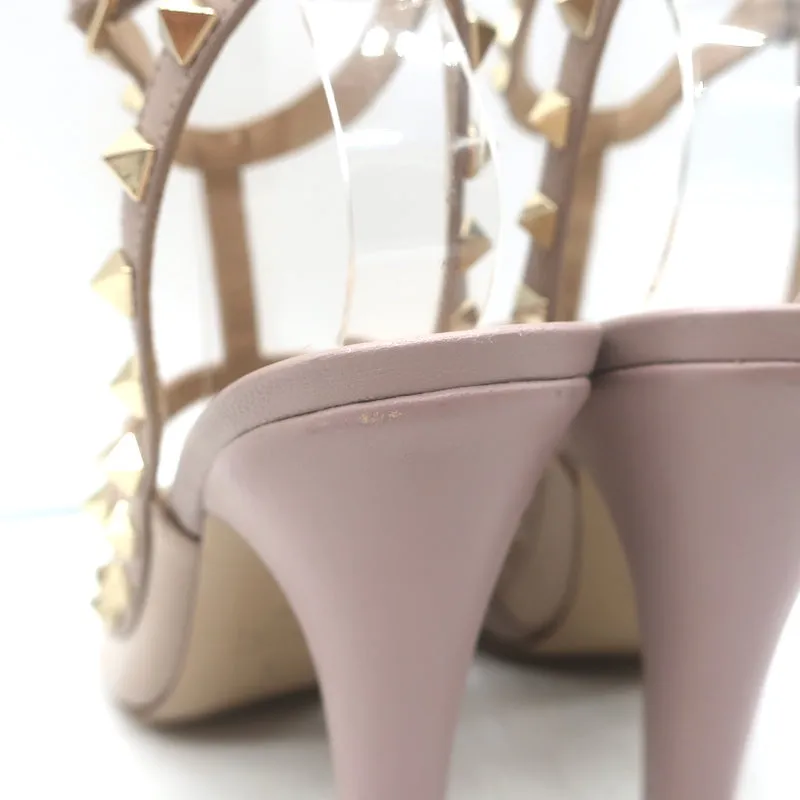 Valentino Rockstud T-Strap Pointed Toe Pumps Poudre Leather & Patent Size 39