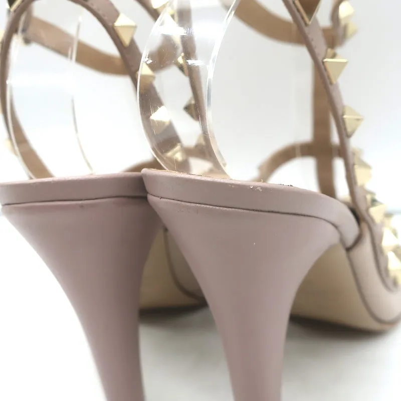 Valentino Rockstud T-Strap Pointed Toe Pumps Poudre Leather & Patent Size 39