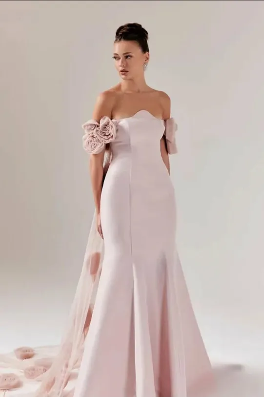 Vanilla Vogue Pink Crepe Off The Shoulder Evening Dress