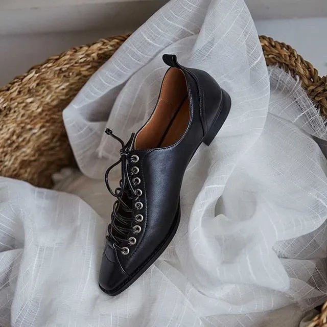 vintage design genuine leather casual shoes chic lace up small square toe low heels women solid fashion pumps