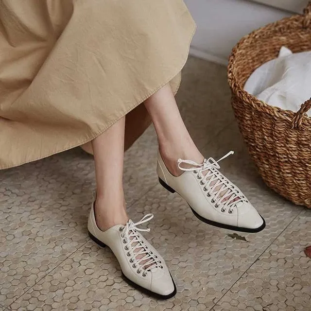 vintage design genuine leather casual shoes chic lace up small square toe low heels women solid fashion pumps