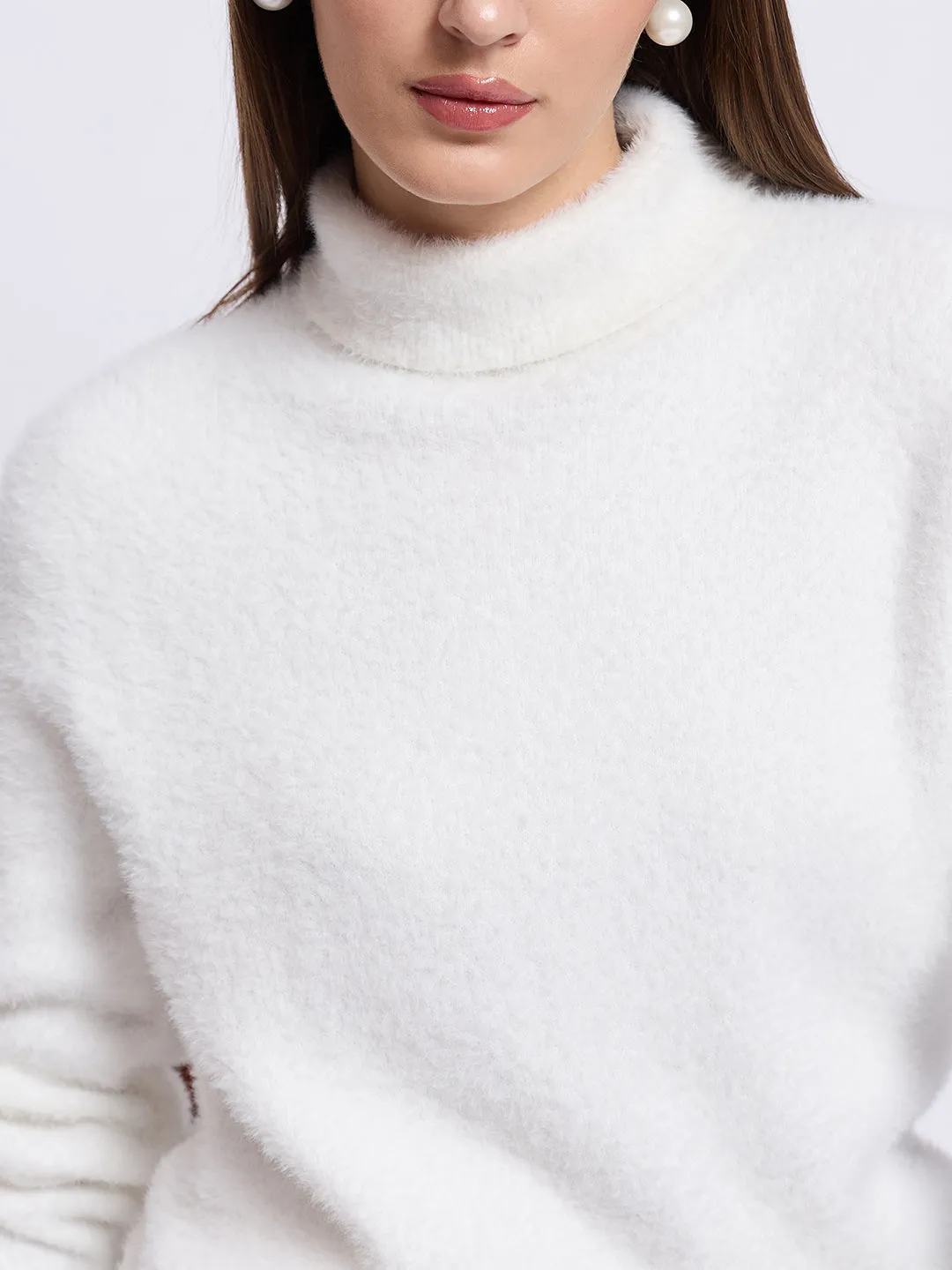 White Fur High Neck Sweater