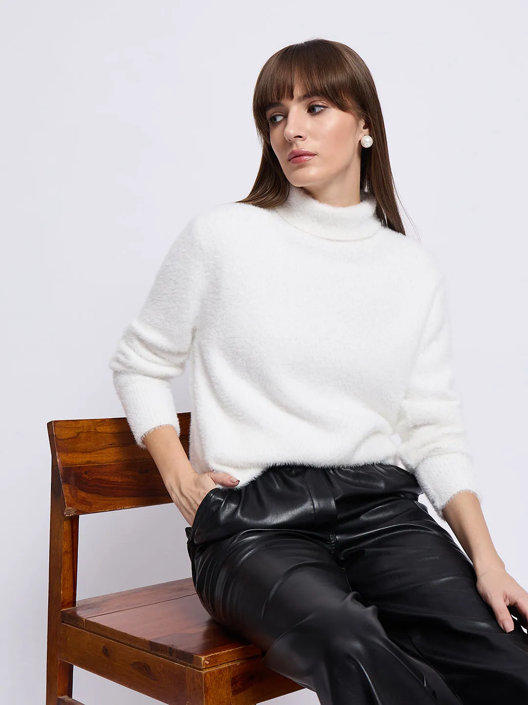 White Fur High Neck Sweater