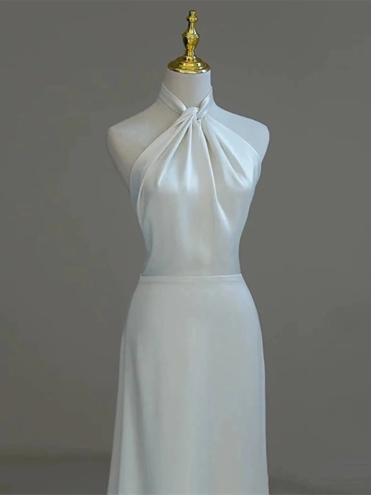 White Satin Halter A-line Long Beaded Low Back Party Dress, White Wedding Party Dress