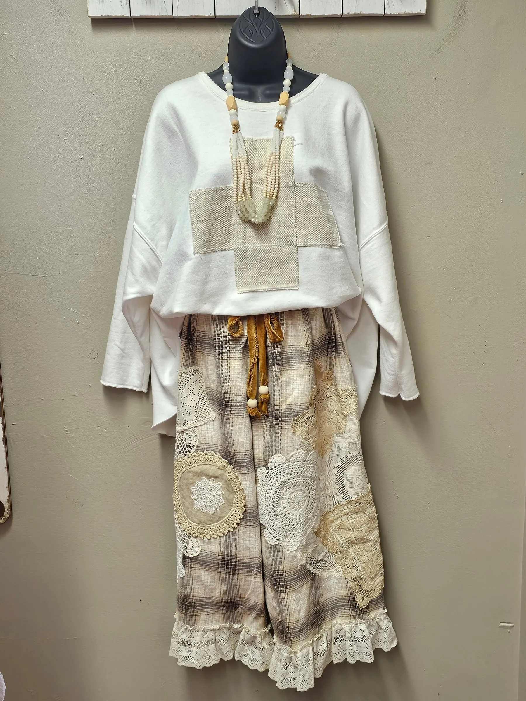 White Sweatshirt Top with Signature Cross on Front by Seams by Sarah