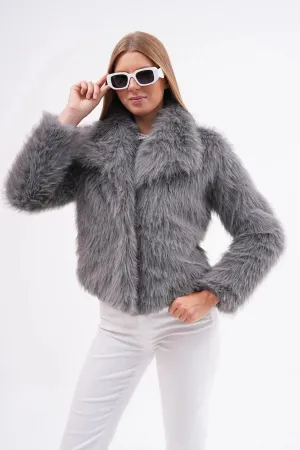 Wide Collar Faux Fur Jacket – Gray