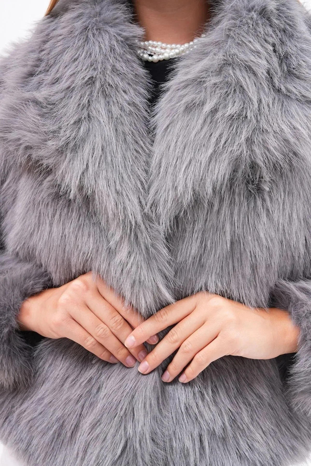 Wide Collar Faux Fur Jacket – Gray