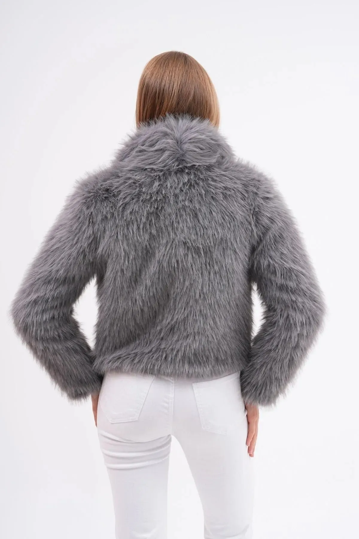 Wide Collar Faux Fur Jacket – Gray
