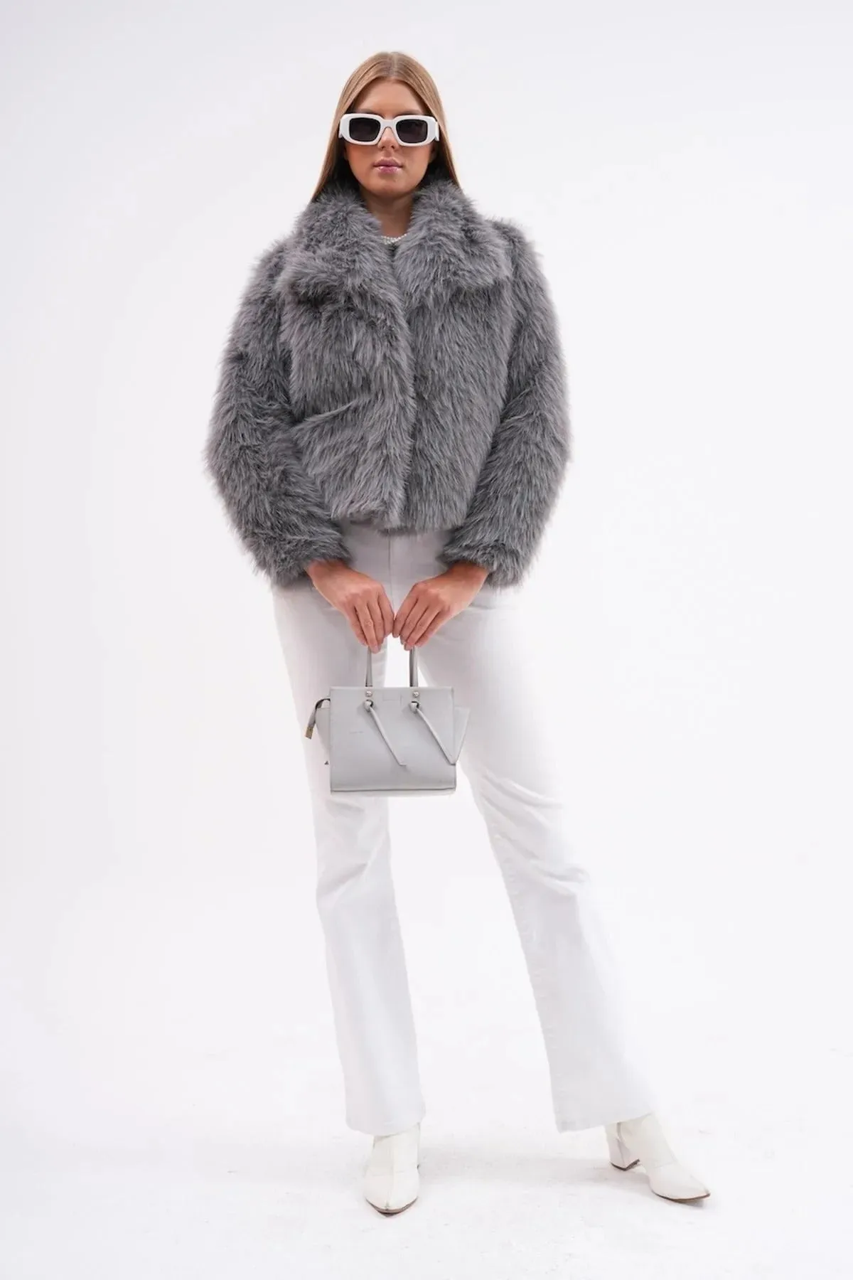 Wide Collar Faux Fur Jacket – Gray