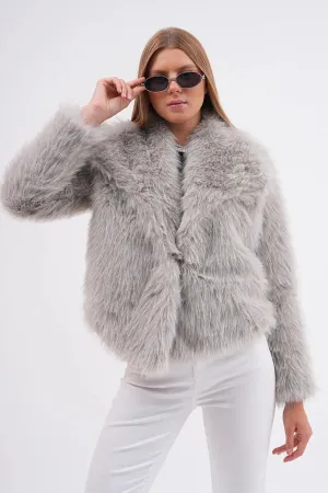 Wide Collar Faux Fur Jacket – Soft Gray