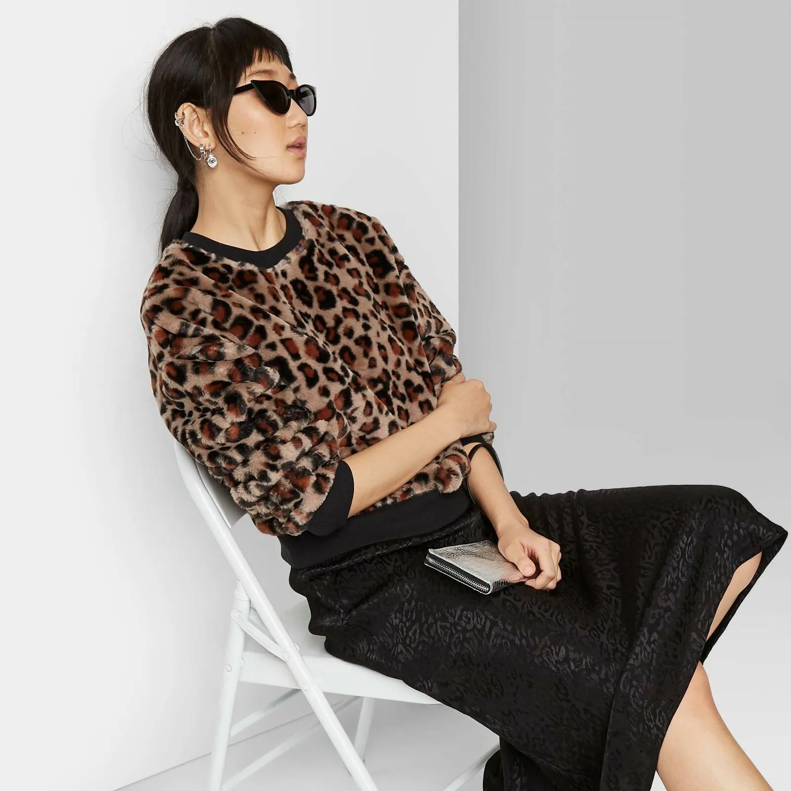 Wild Fable Women's Animal Print Crewneck Faux Fur Sweatshirt