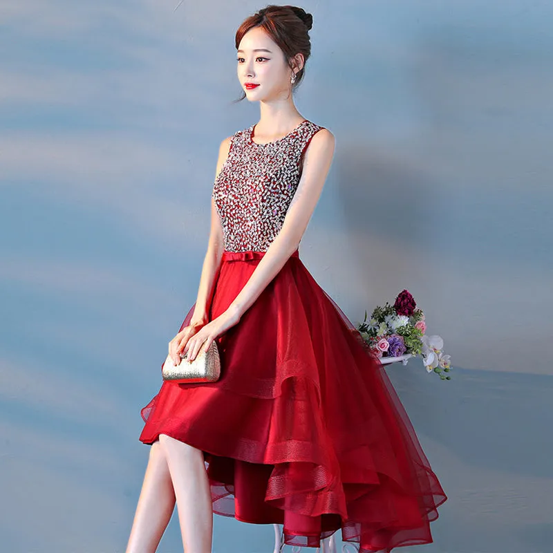Wine Red Sequins Tulle High Low Round Neckline Party Dresses, Dark Red Homecoming Dresses