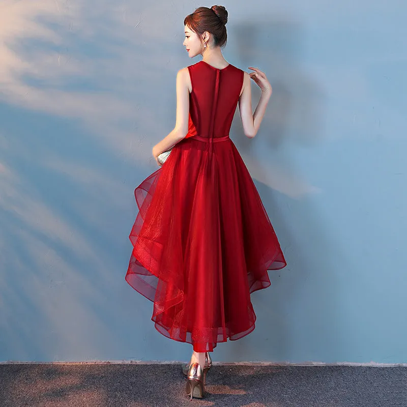 Wine Red Sequins Tulle High Low Round Neckline Party Dresses, Dark Red Homecoming Dresses