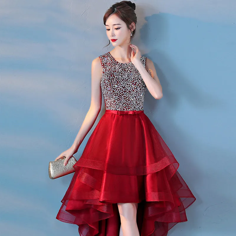 Wine Red Sequins Tulle High Low Round Neckline Party Dresses, Dark Red Homecoming Dresses