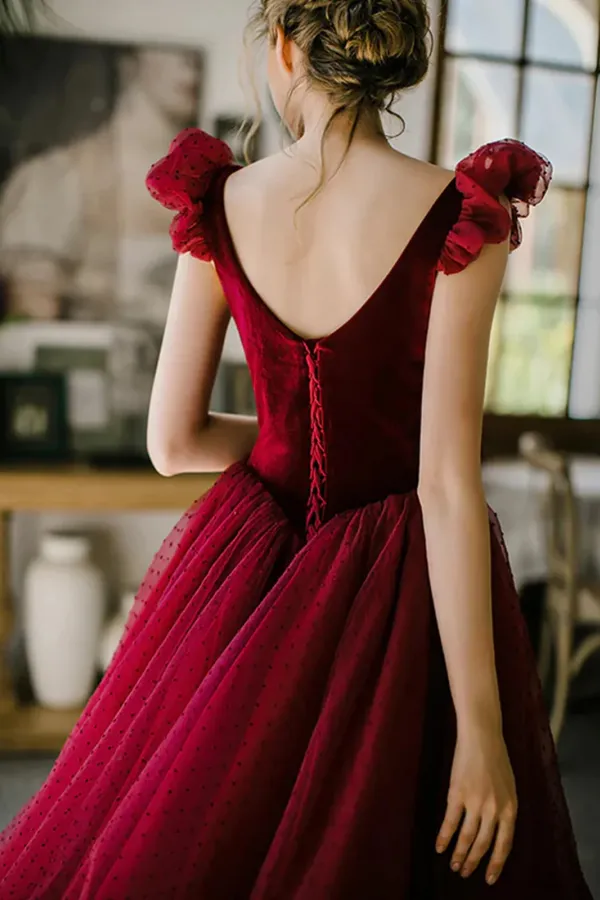 Wine Red Velvet and Tulle Low Back Party Dress, Tea Length Prom Dress APP1080