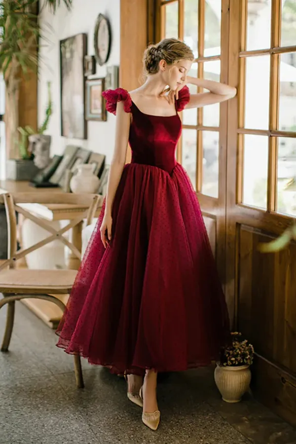 Wine Red Velvet and Tulle Low Back Party Dress, Tea Length Prom Dress APP1080