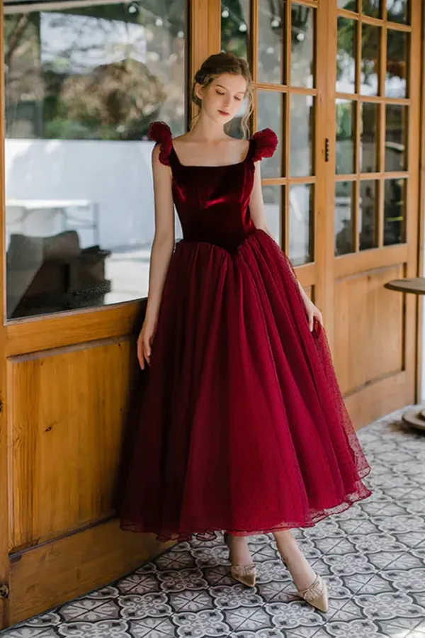 Wine Red Velvet and Tulle Low Back Party Dress, Tea Length Prom Dress APP1080