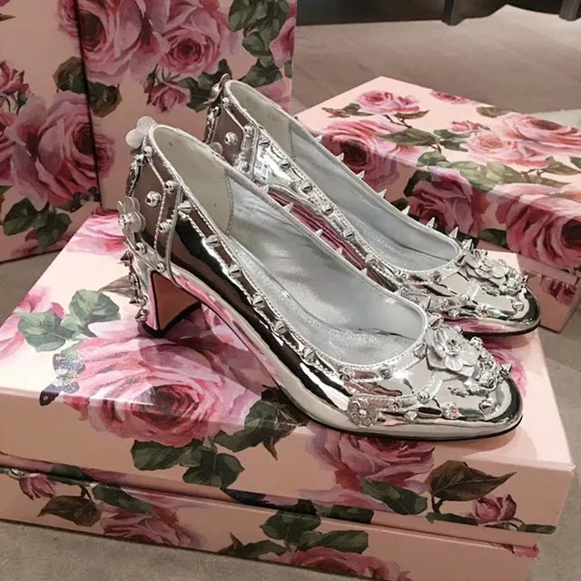 women appliqued patent leather thich high heel shoes pumps