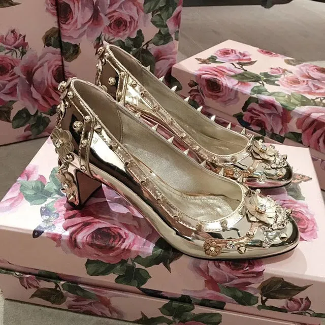 women appliqued patent leather thich high heel shoes pumps