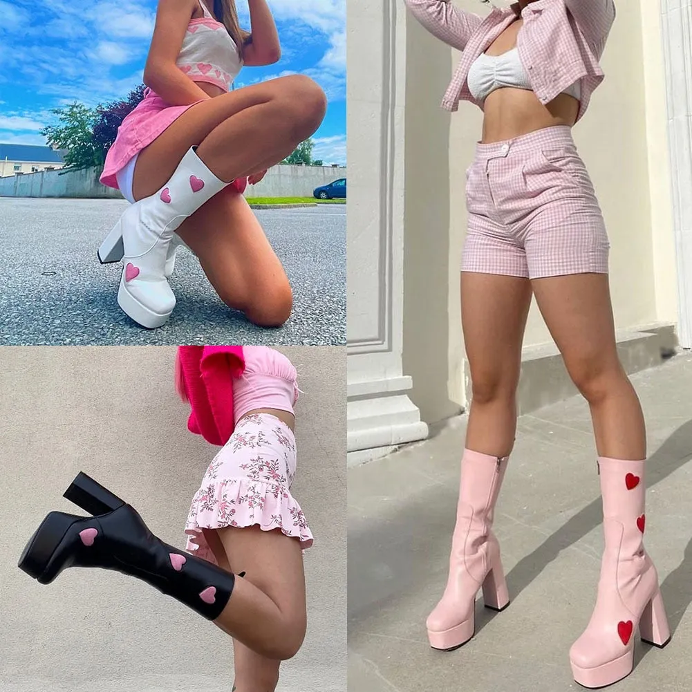 Women Platform Square Toe Thick High Heels Mid Calf Boots