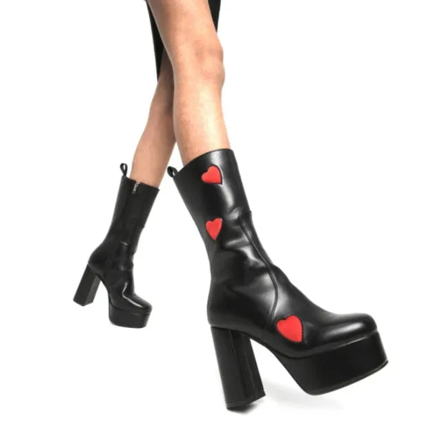 Women Platform Square Toe Thick High Heels Mid Calf Boots