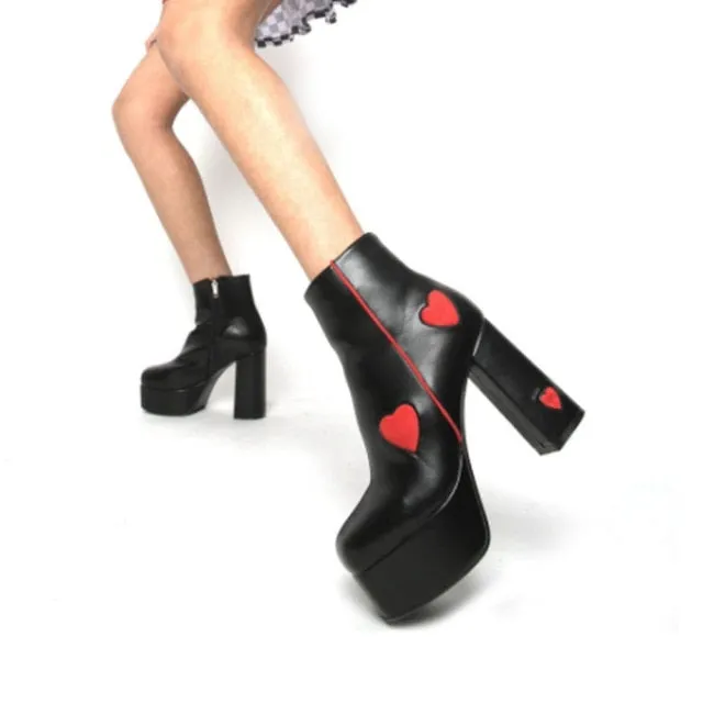 Women Platform Square Toe Thick High Heels Mid Calf Boots
