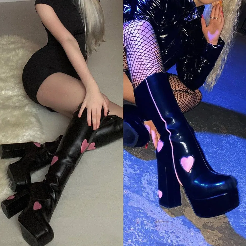 Women Platform Square Toe Thick High Heels Mid Calf Boots