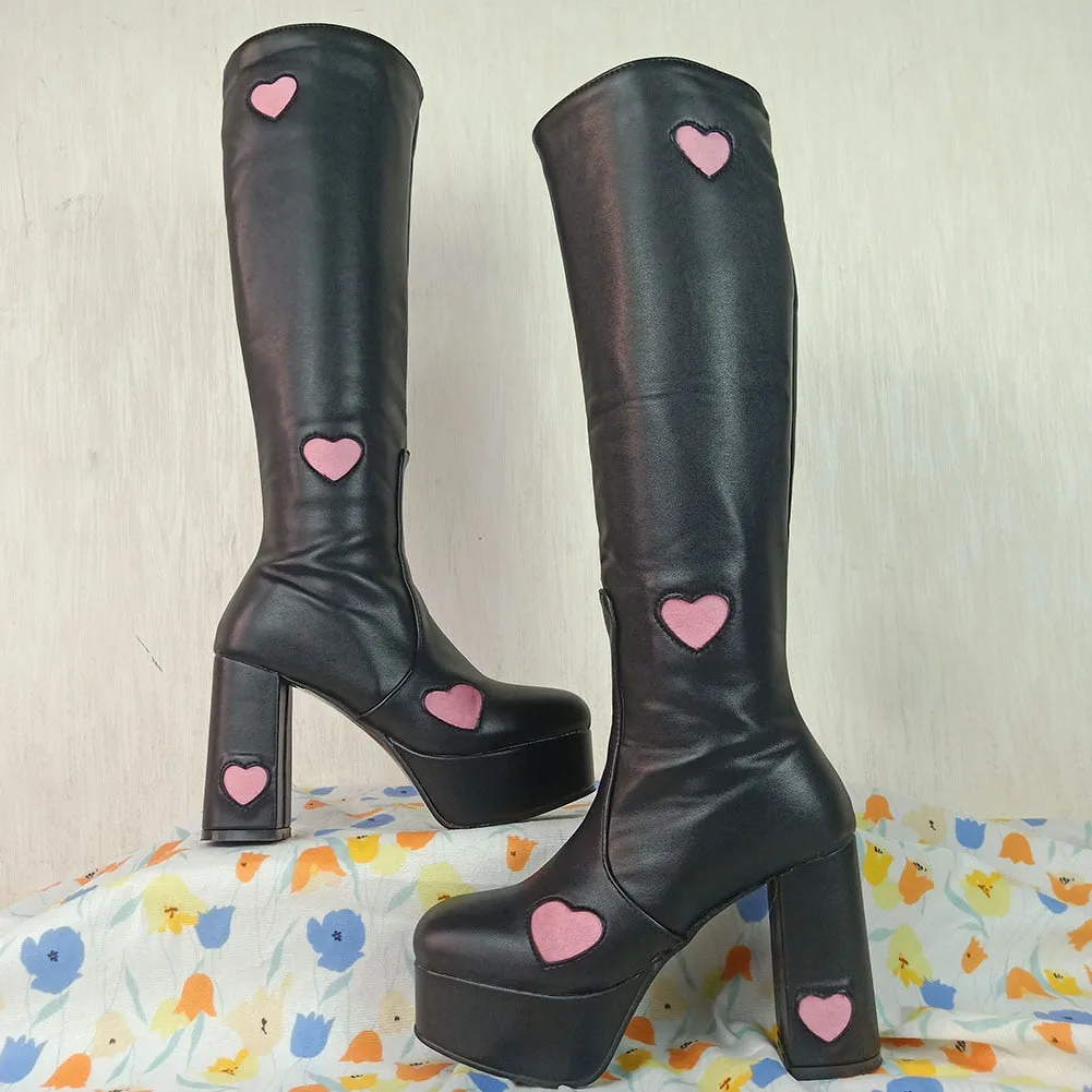 Women Platform Square Toe Thick High Heels Mid Calf Boots