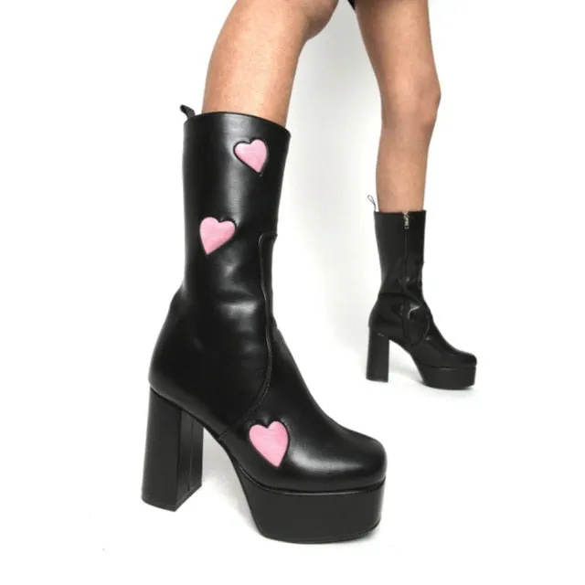 Women Platform Square Toe Thick High Heels Mid Calf Boots