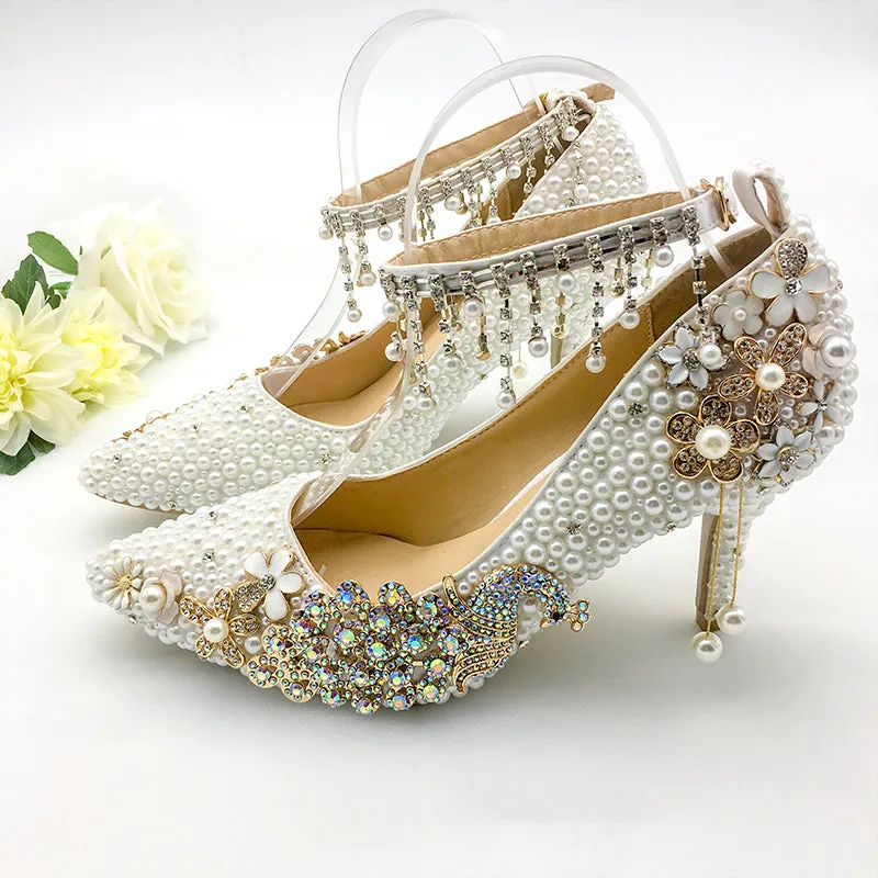 Women Shoes Wedding Big Size 43-47Heels For Party  White Pearl Crystal Peacock Metal Flowers Tassel Pointed Toe Pumps Customize
