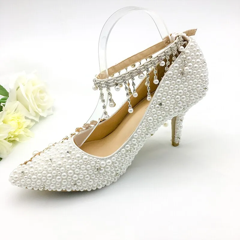Women Shoes Wedding Big Size 43-47Heels For Party  White Pearl Crystal Peacock Metal Flowers Tassel Pointed Toe Pumps Customize