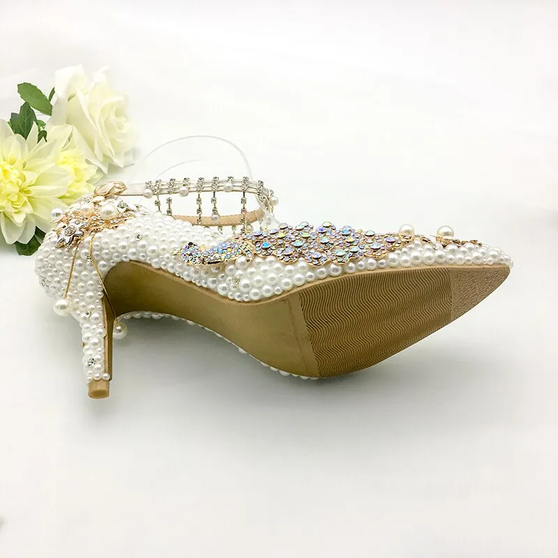 Women Shoes Wedding Big Size 43-47Heels For Party  White Pearl Crystal Peacock Metal Flowers Tassel Pointed Toe Pumps Customize
