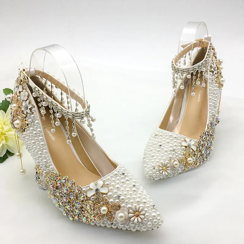 Women Shoes Wedding Big Size 43-47Heels For Party  White Pearl Crystal Peacock Metal Flowers Tassel Pointed Toe Pumps Customize