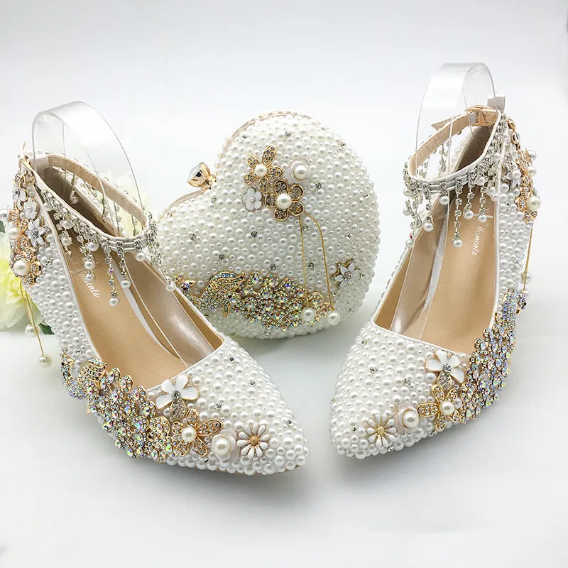 Women Shoes Wedding Big Size 43-47Heels For Party  White Pearl Crystal Peacock Metal Flowers Tassel Pointed Toe Pumps Customize