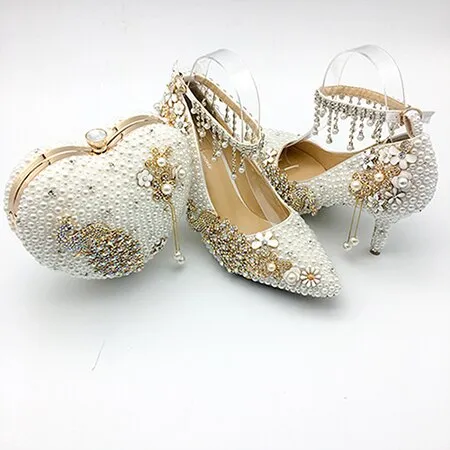 Women Shoes Wedding Big Size 43-47Heels For Party  White Pearl Crystal Peacock Metal Flowers Tassel Pointed Toe Pumps Customize
