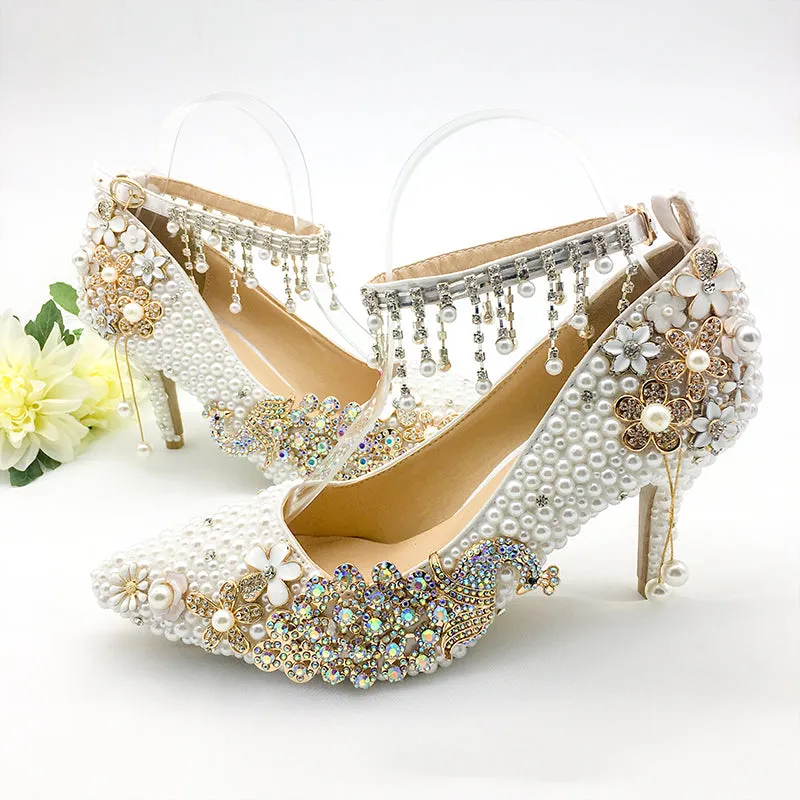 Women Shoes Wedding Big Size 43-47Heels For Party  White Pearl Crystal Peacock Metal Flowers Tassel Pointed Toe Pumps Customize
