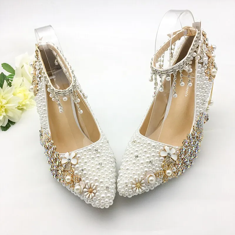 Women Shoes Wedding Big Size 43-47Heels For Party  White Pearl Crystal Peacock Metal Flowers Tassel Pointed Toe Pumps Customize