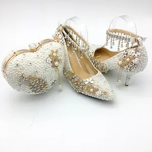 Women Shoes Wedding Big Size 43-47Heels For Party  White Pearl Crystal Peacock Metal Flowers Tassel Pointed Toe Pumps Customize